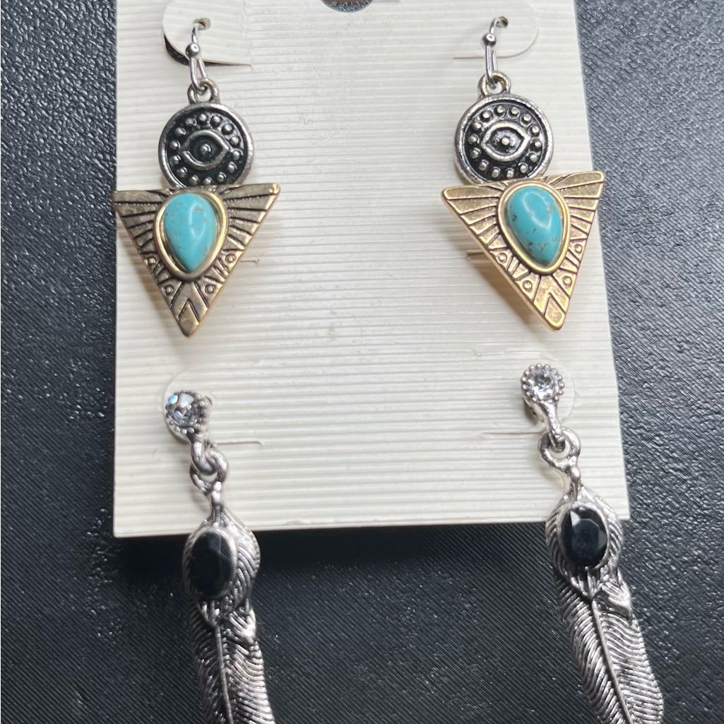 Set Of 3 Pair Of Turquoise And Silver Feather Earrings